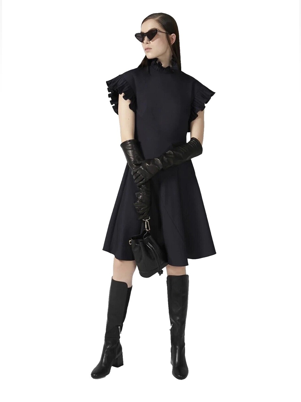 SPORTMAX MAXMARA Dark Blue Dress With Ruffle Neck And Sleeves Size 2